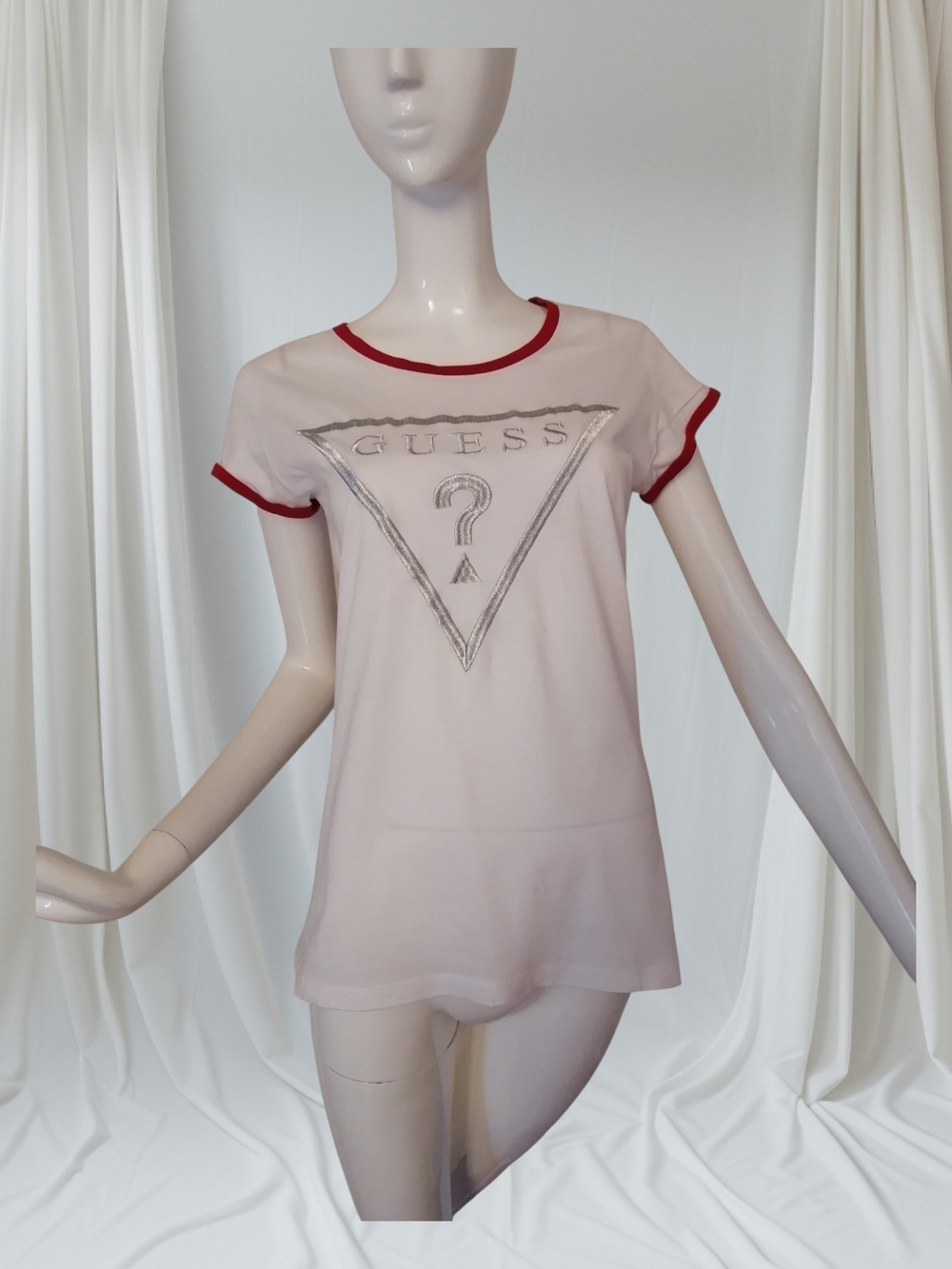 GUESS White Short Sleeve Tee with Red Trim